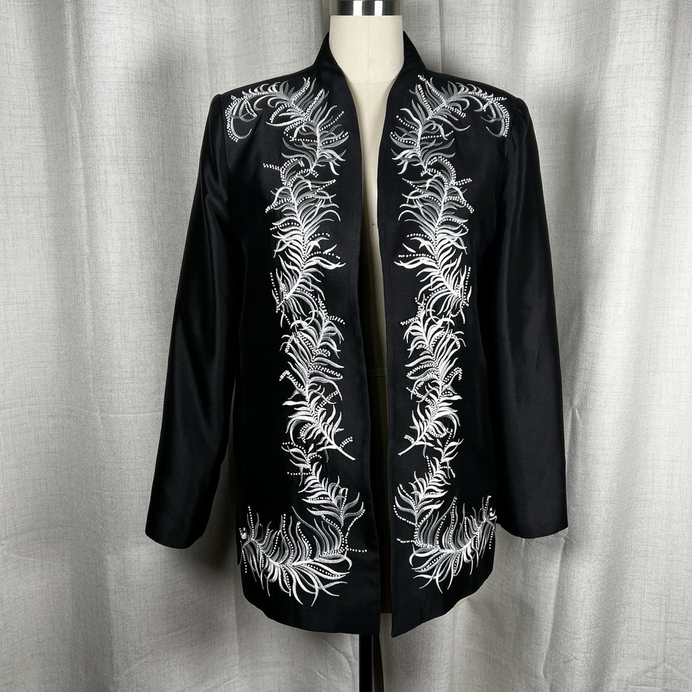 Vintage Nolan Miller Silk Black‎ White Embroidered Beaded Jacket Blazer Medium
